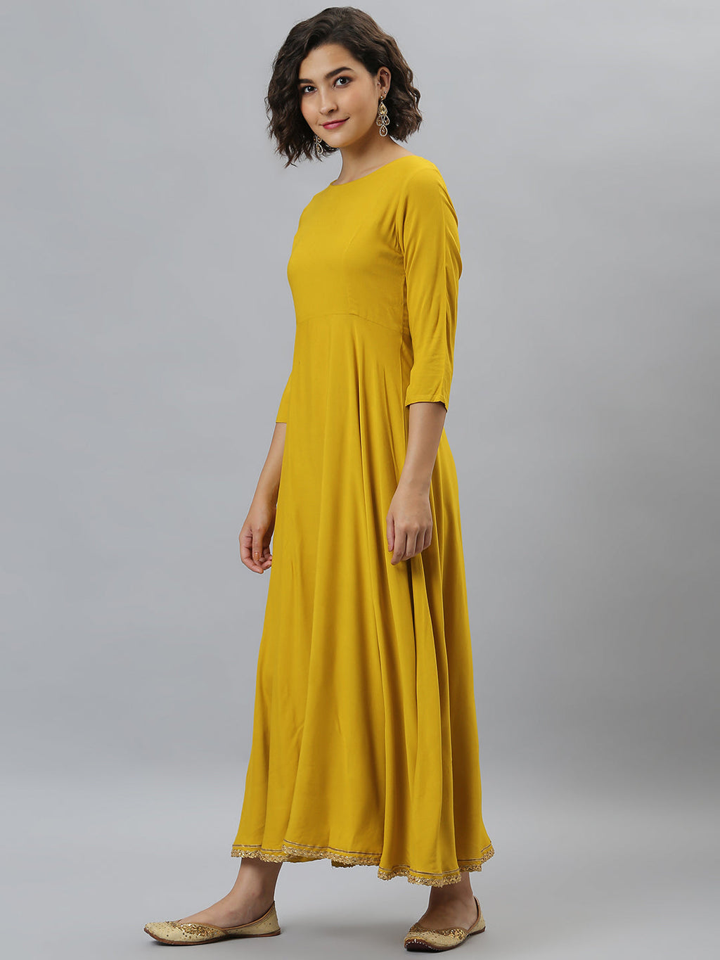Janasya Women's Mustard Rayon Solid Flared Casual Kurta Set
