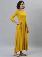 Janasya Women's Mustard Rayon Solid Flared Casual Kurta Set