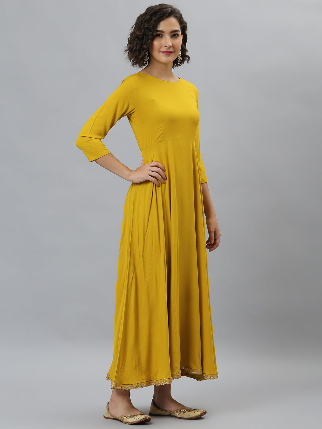 Janasya Women's Mustard Rayon Solid Flared Casual Kurta Set