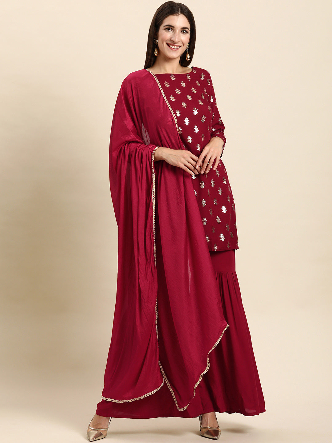 Janasya Women's Maroon Rayon Floral Print Kurti With Sharara And Dupatta - Distacart