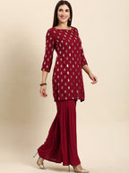 Janasya Women's Maroon Rayon Floral Print Kurti With Sharara And Dupatta - Distacart