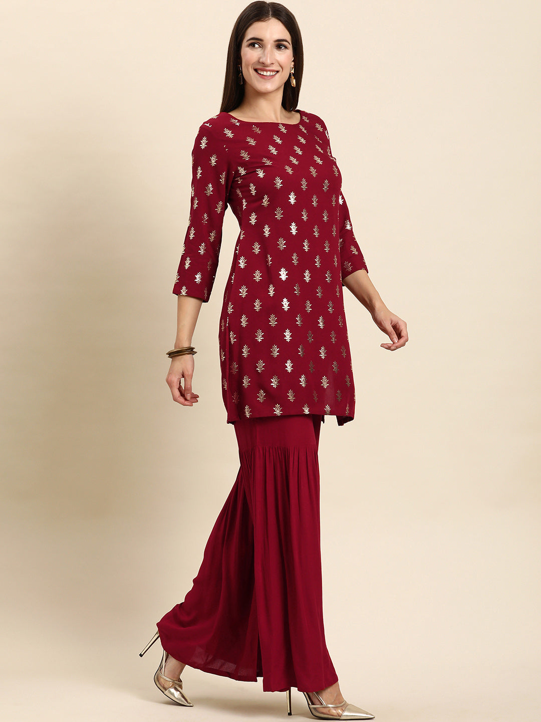 Janasya Women's Maroon Rayon Floral Print Kurti With Sharara And Dupatta - Distacart
