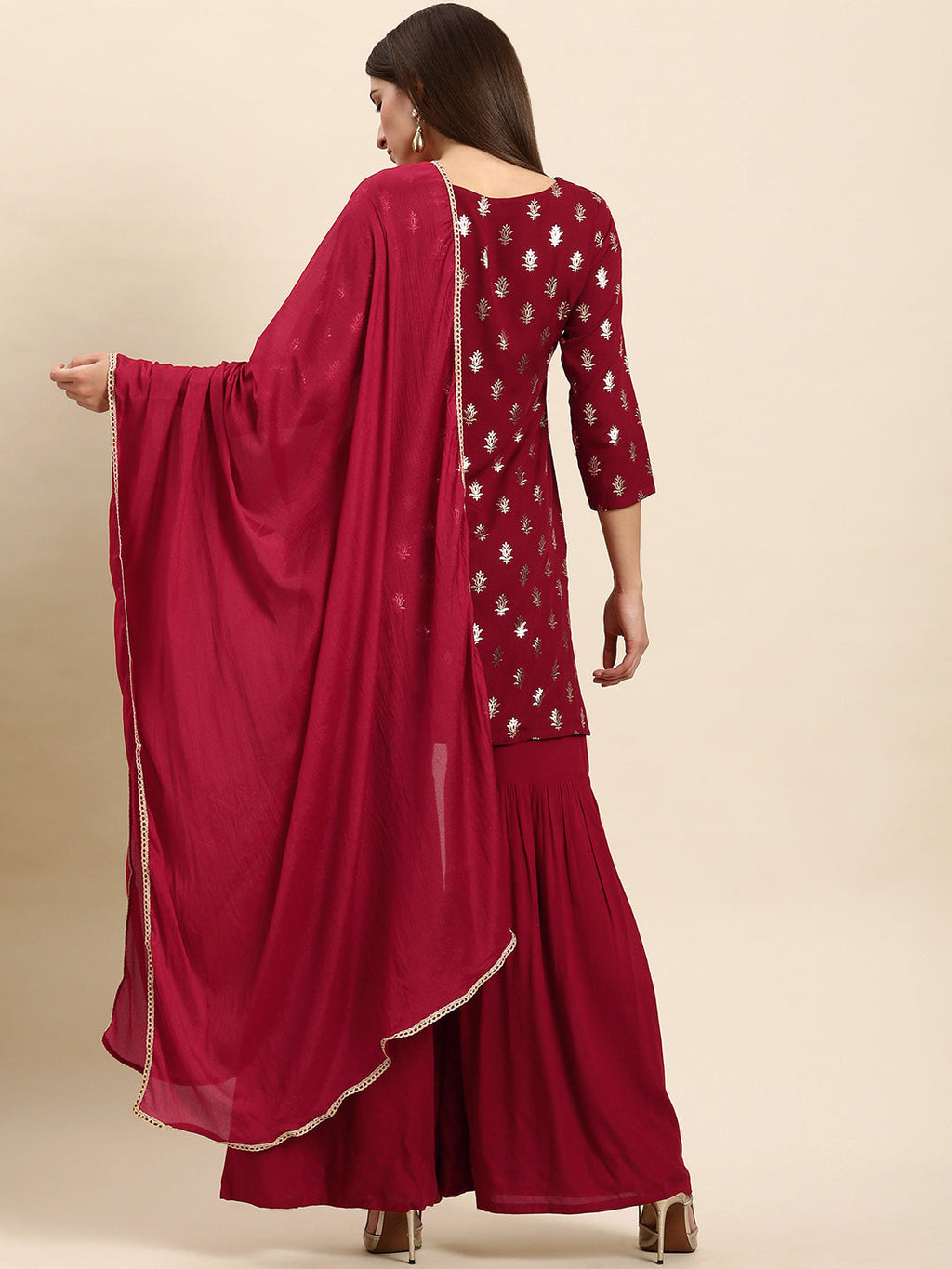 Janasya Women's Maroon Rayon Floral Print Kurti With Sharara And Dupatta - Distacart
