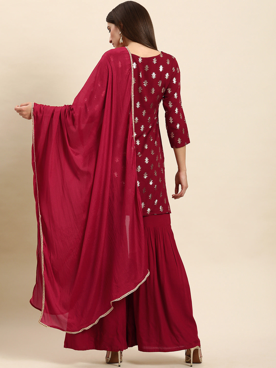 Janasya Women's Maroon Rayon Floral Print Kurti With Sharara And Dupatta - Distacart