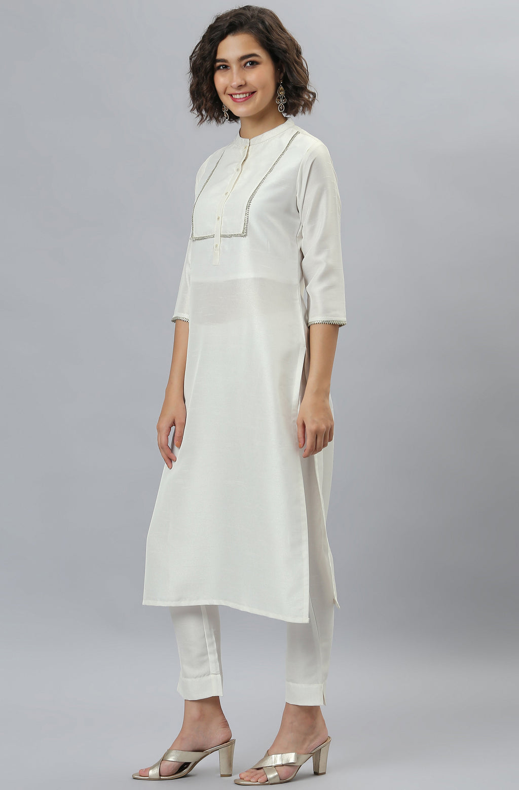Janasya Women's White Poly Silk Solid Kurta With Pant And Dupatta - Distacart