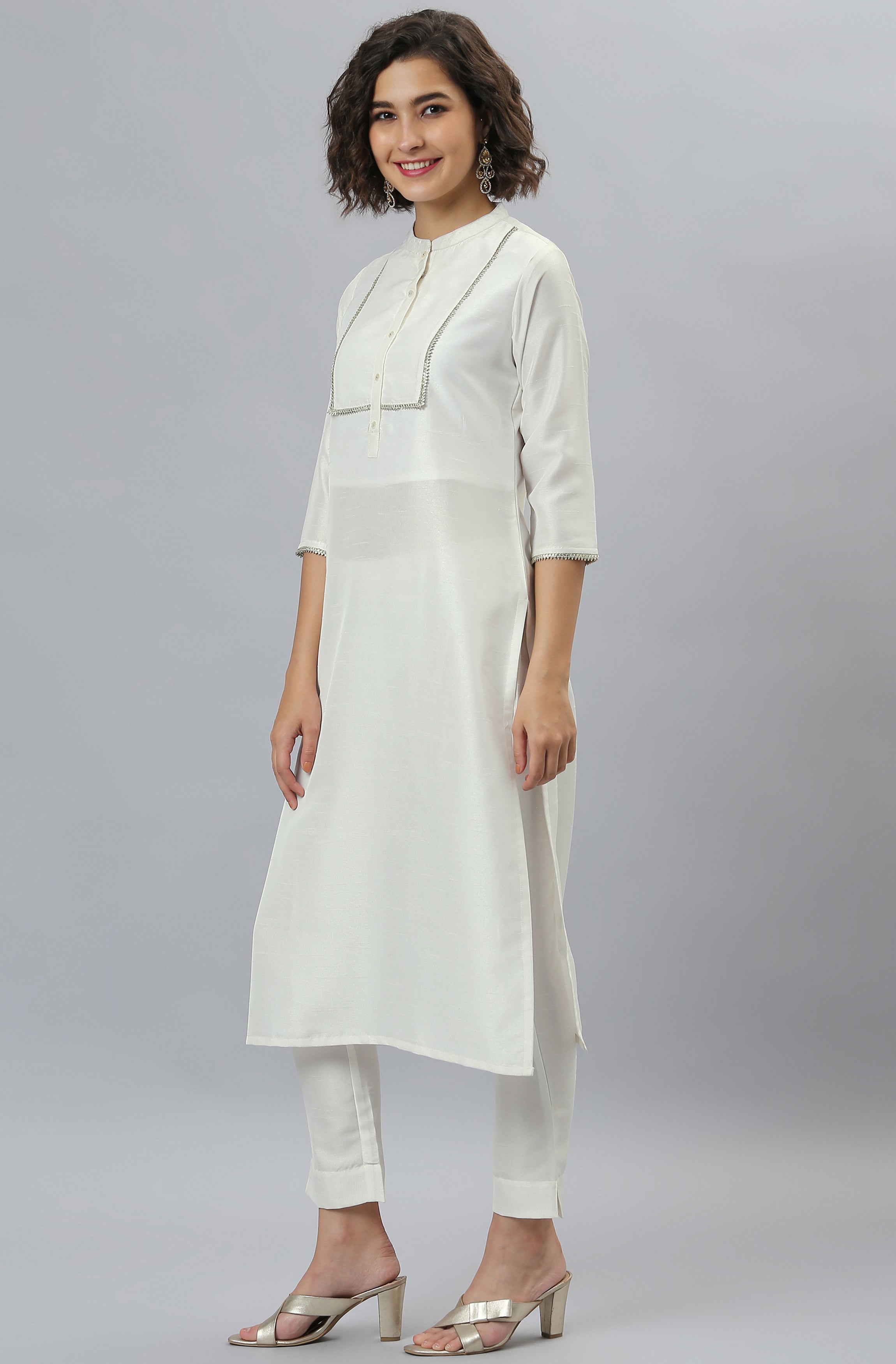 Janasya Women's White Poly Silk Solid Kurta With Pant And Dupatta - Distacart