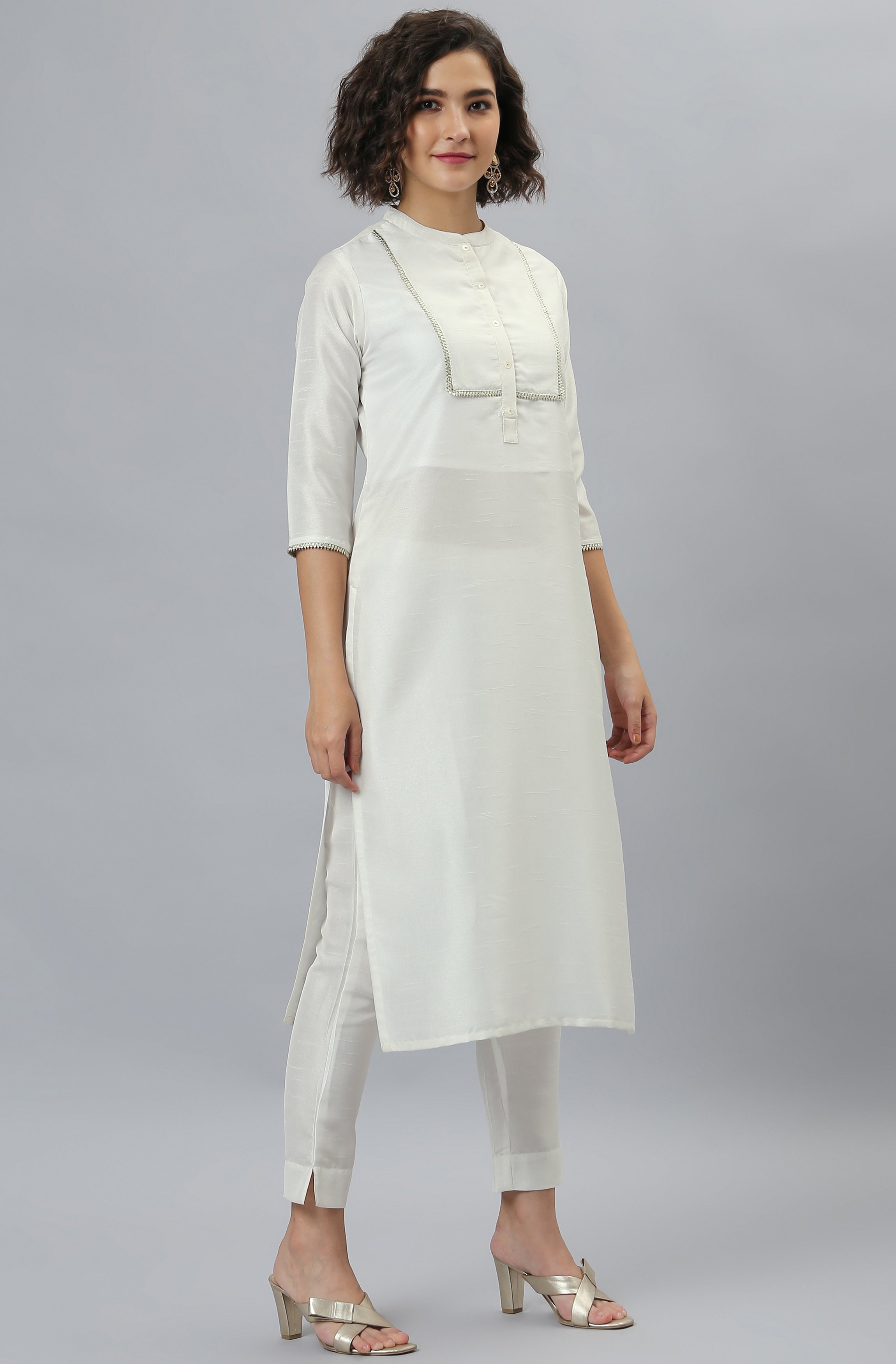 Janasya Women's White Poly Silk Solid Kurta With Pant And Dupatta - Distacart