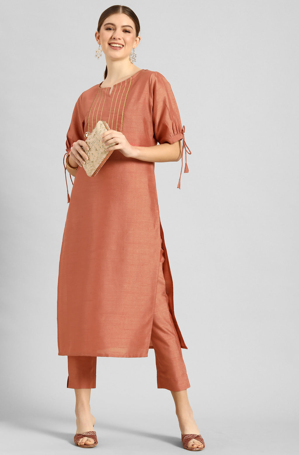 Janasya Women's Peach Poly Silk Embellished Straight Festive Kurta Set