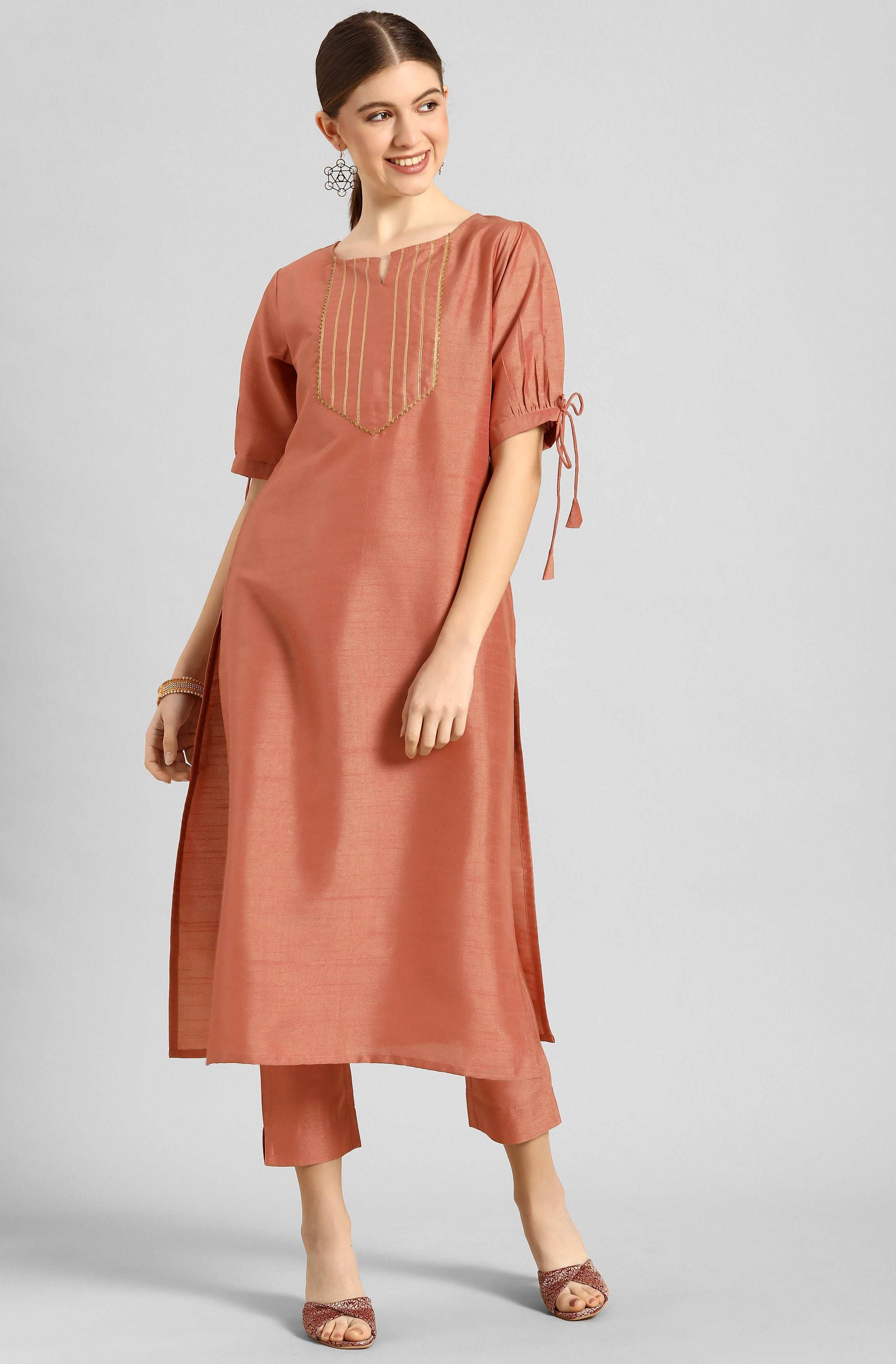 Janasya Women's Peach Poly Silk Embellished Straight Festive Kurta Set