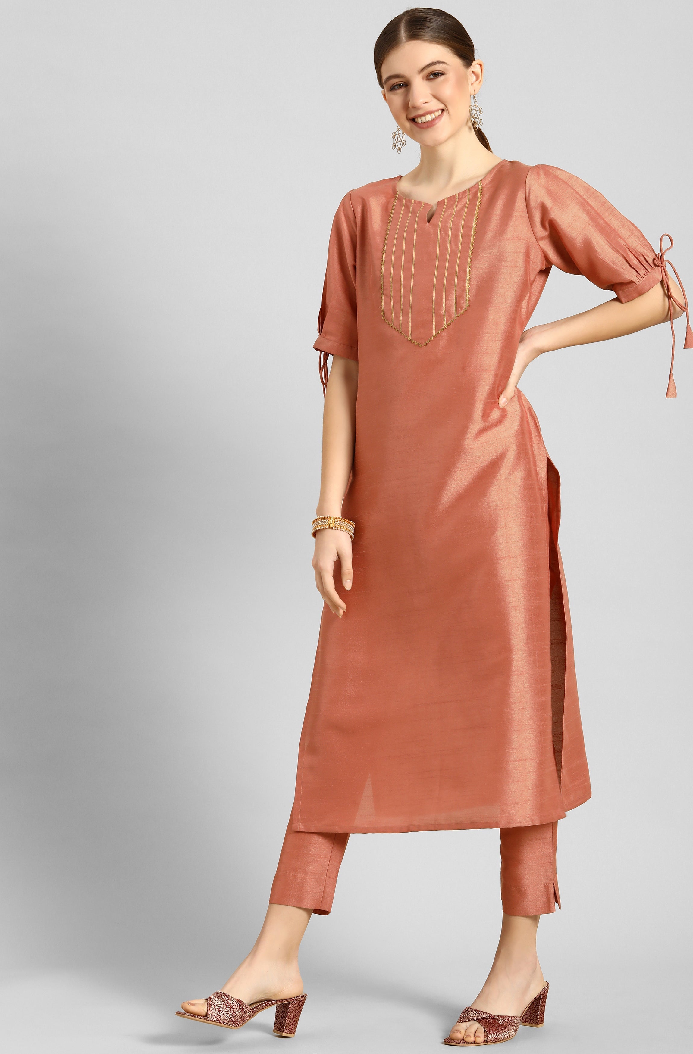 Janasya Women's Peach Poly Silk Embellished Straight Festive Kurta Set