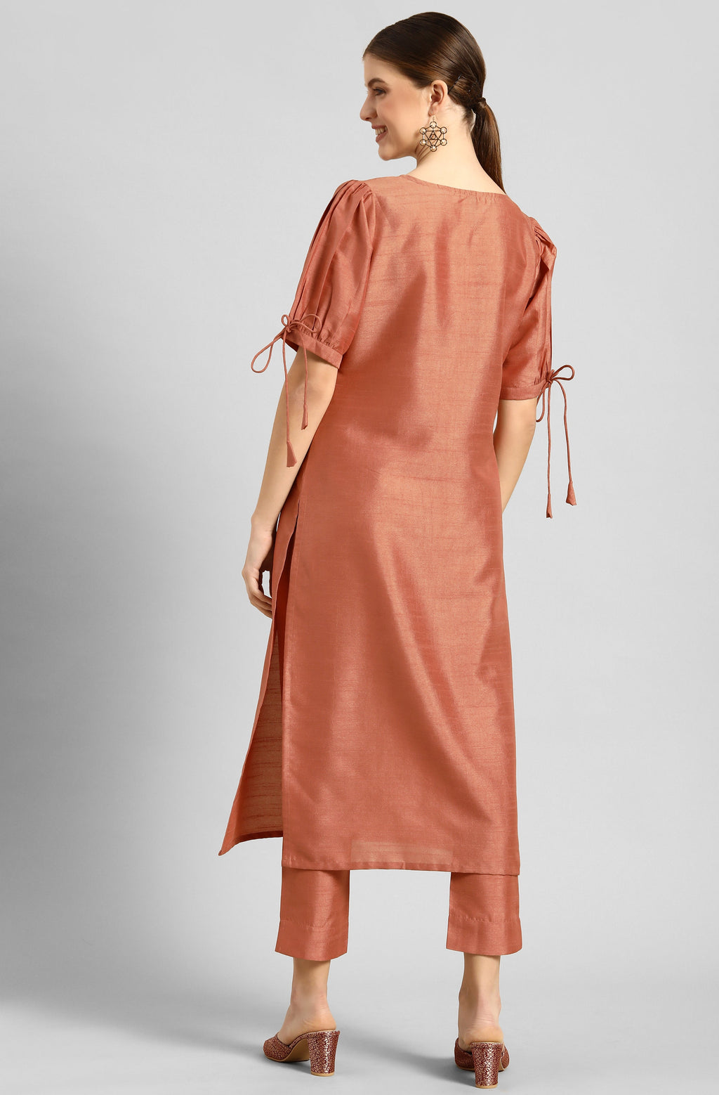 Janasya Women's Peach Poly Silk Embellished Straight Festive Kurta Set