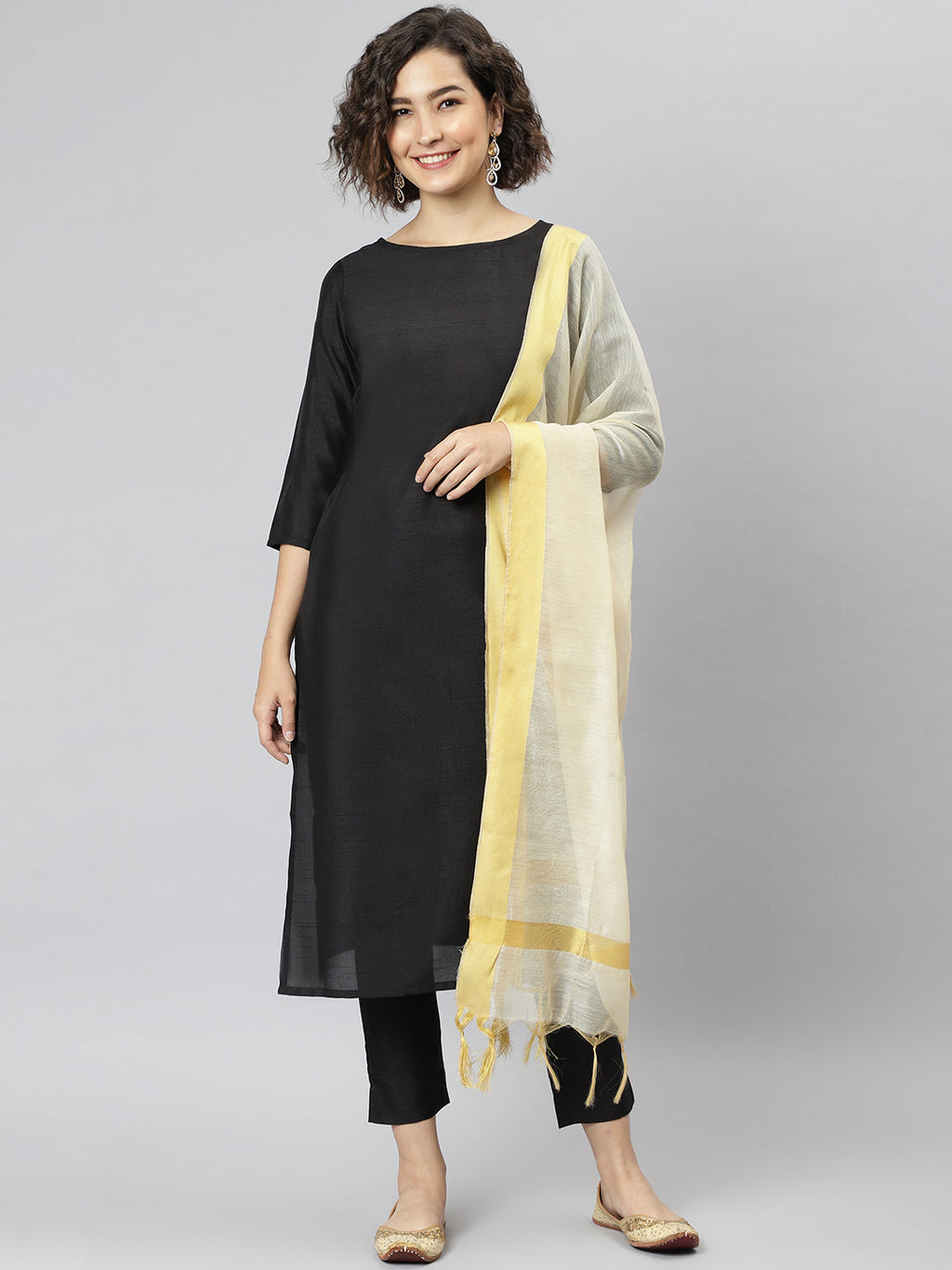 Janasya Women's Black Poly Silk Solid Straight Casual Kurta Set