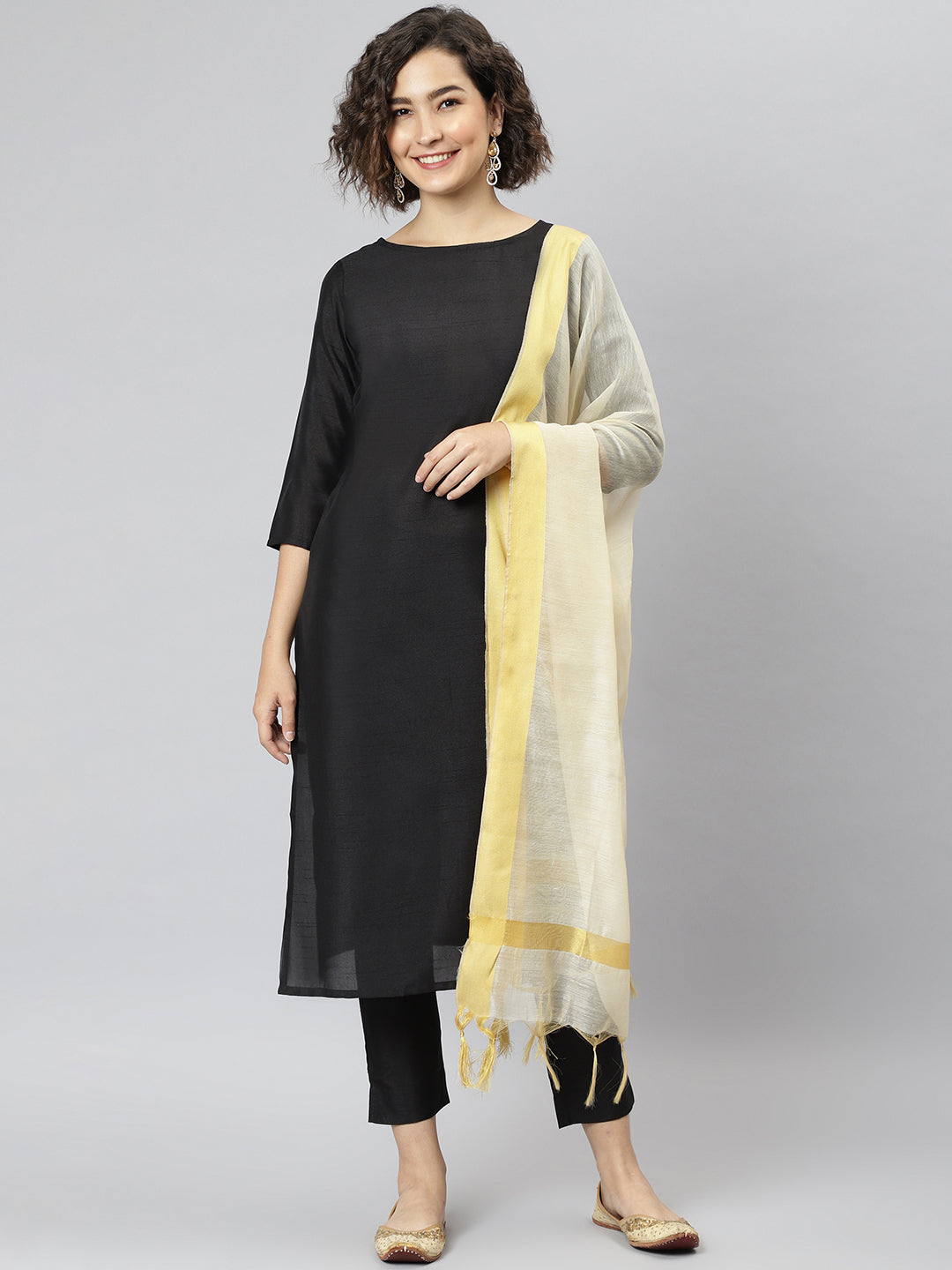 Janasya Women's Black Poly Silk Solid Straight Casual Kurta Set