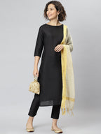 Janasya Women's Black Poly Silk Solid Straight Casual Kurta Set