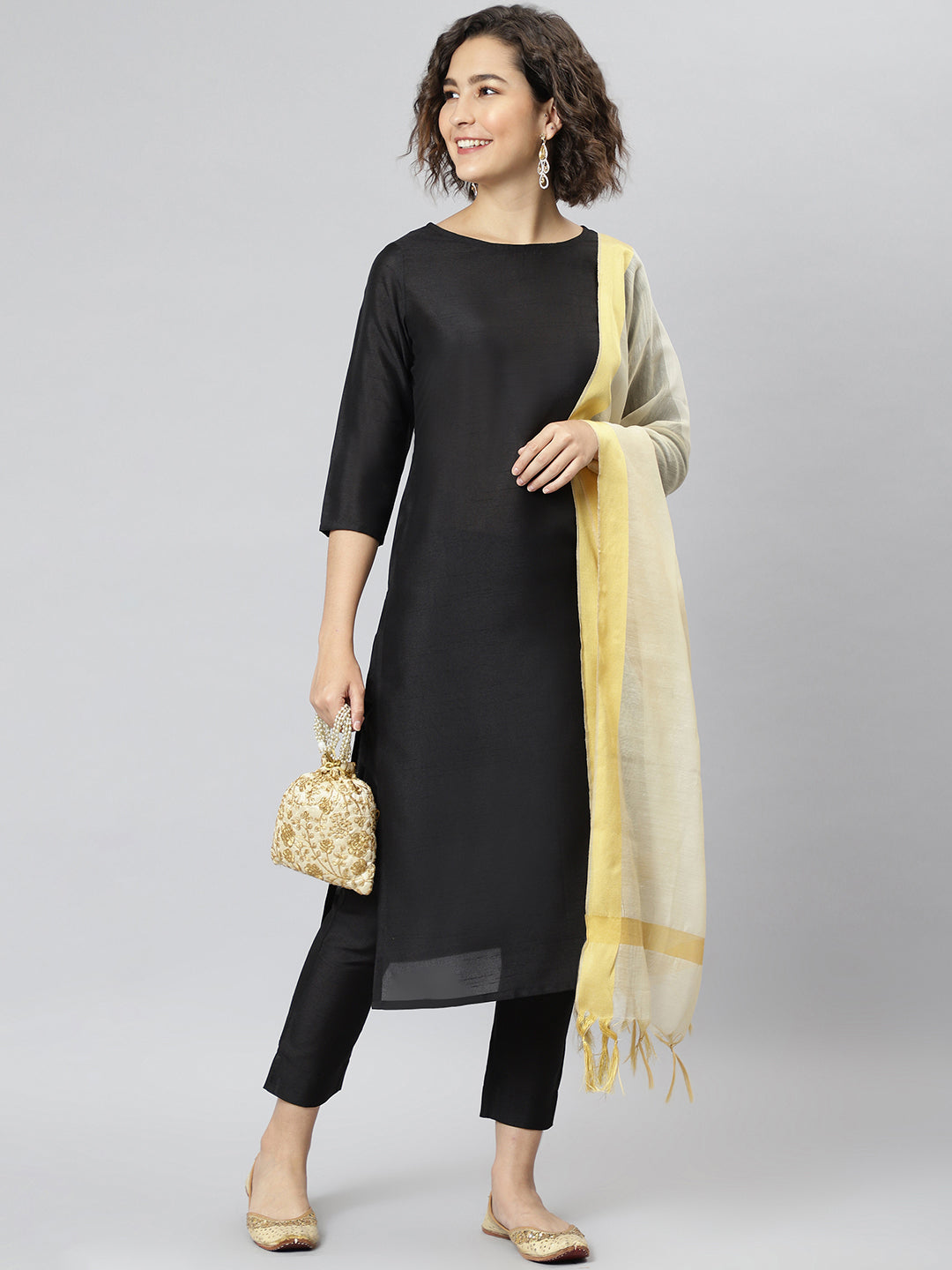 Janasya Women's Black Poly Silk Solid Straight Casual Kurta Set