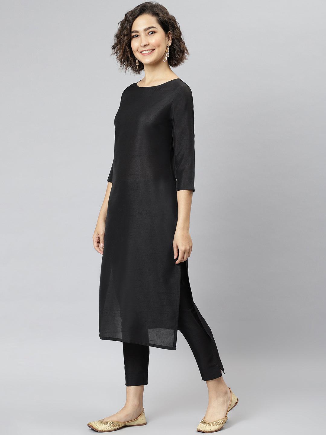 Janasya Women's Black Poly Silk Solid Straight Casual Kurta Set