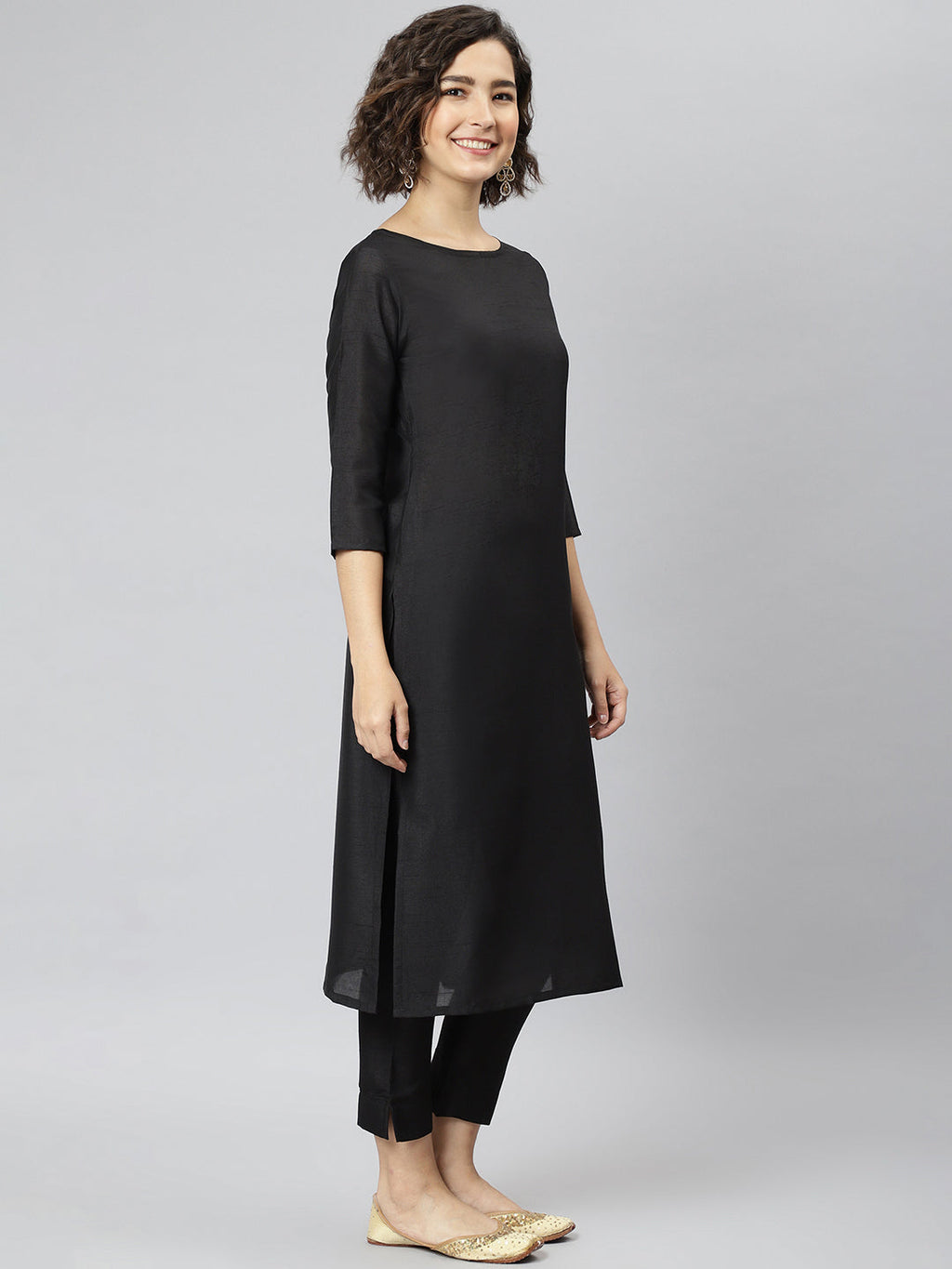 Janasya Women's Black Poly Silk Solid Straight Casual Kurta Set