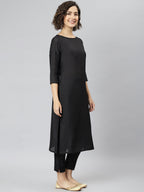 Janasya Women's Black Poly Silk Solid Straight Casual Kurta Set