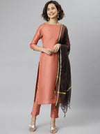 Janasya Women's Peach Poly Silk Solid Straight Casual Kurta Set