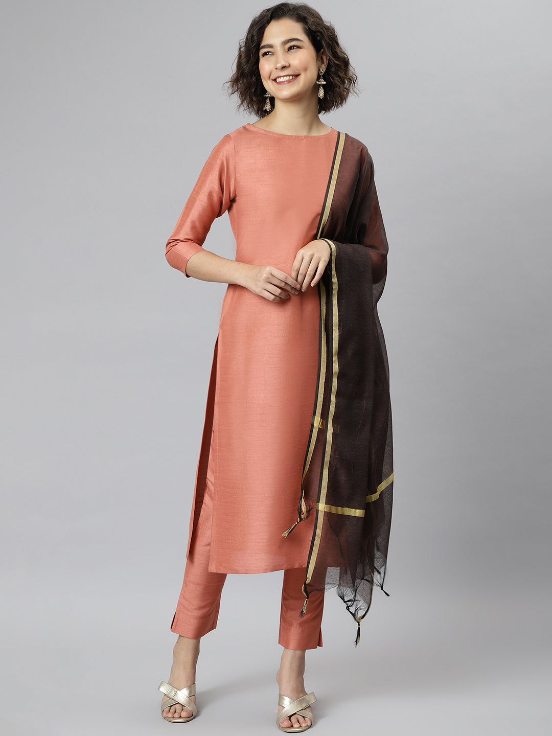 Janasya Women's Peach Poly Silk Solid Straight Casual Kurta Set