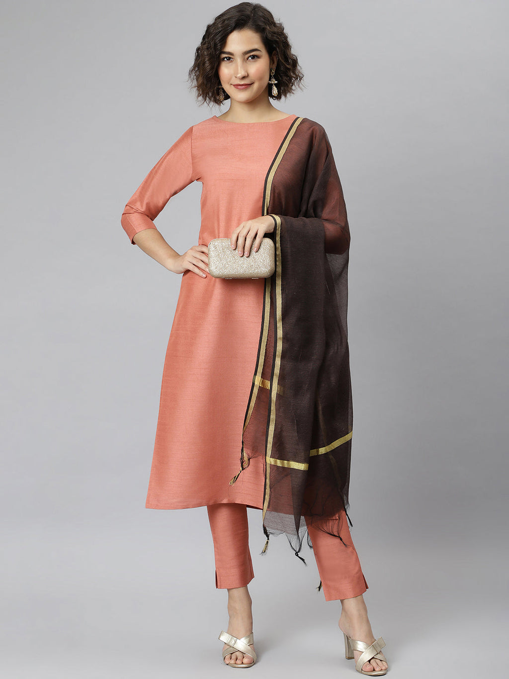 Janasya Women's Peach Poly Silk Solid Straight Casual Kurta Set