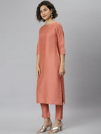 Janasya Women's Peach Poly Silk Solid Straight Casual Kurta Set