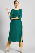 Janasya Women's Green Poly Silk Solid Straight Casual Kurta Set
