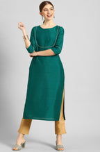 Janasya Women's Green Poly Silk Solid Straight Casual Kurta Set