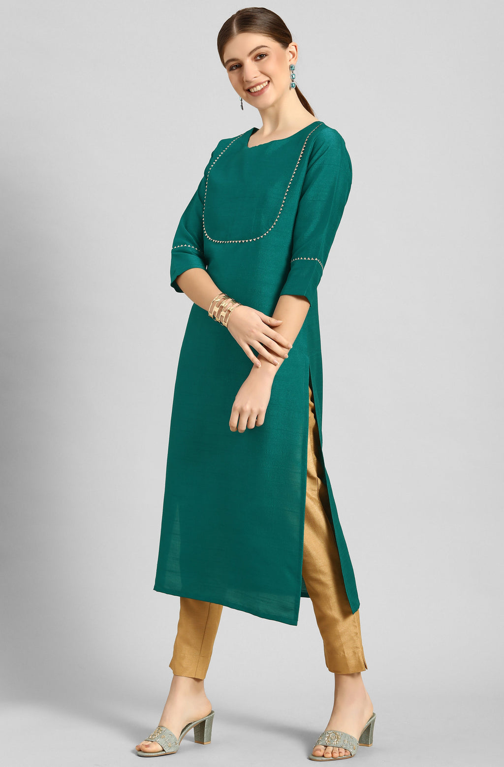 Janasya Women's Green Poly Silk Solid Straight Casual Kurta Set