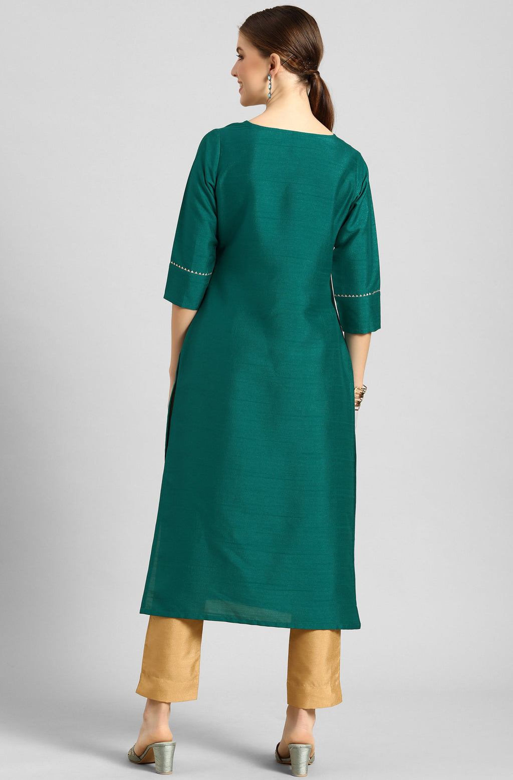 Janasya Women's Green Poly Silk Solid Straight Casual Kurta Set