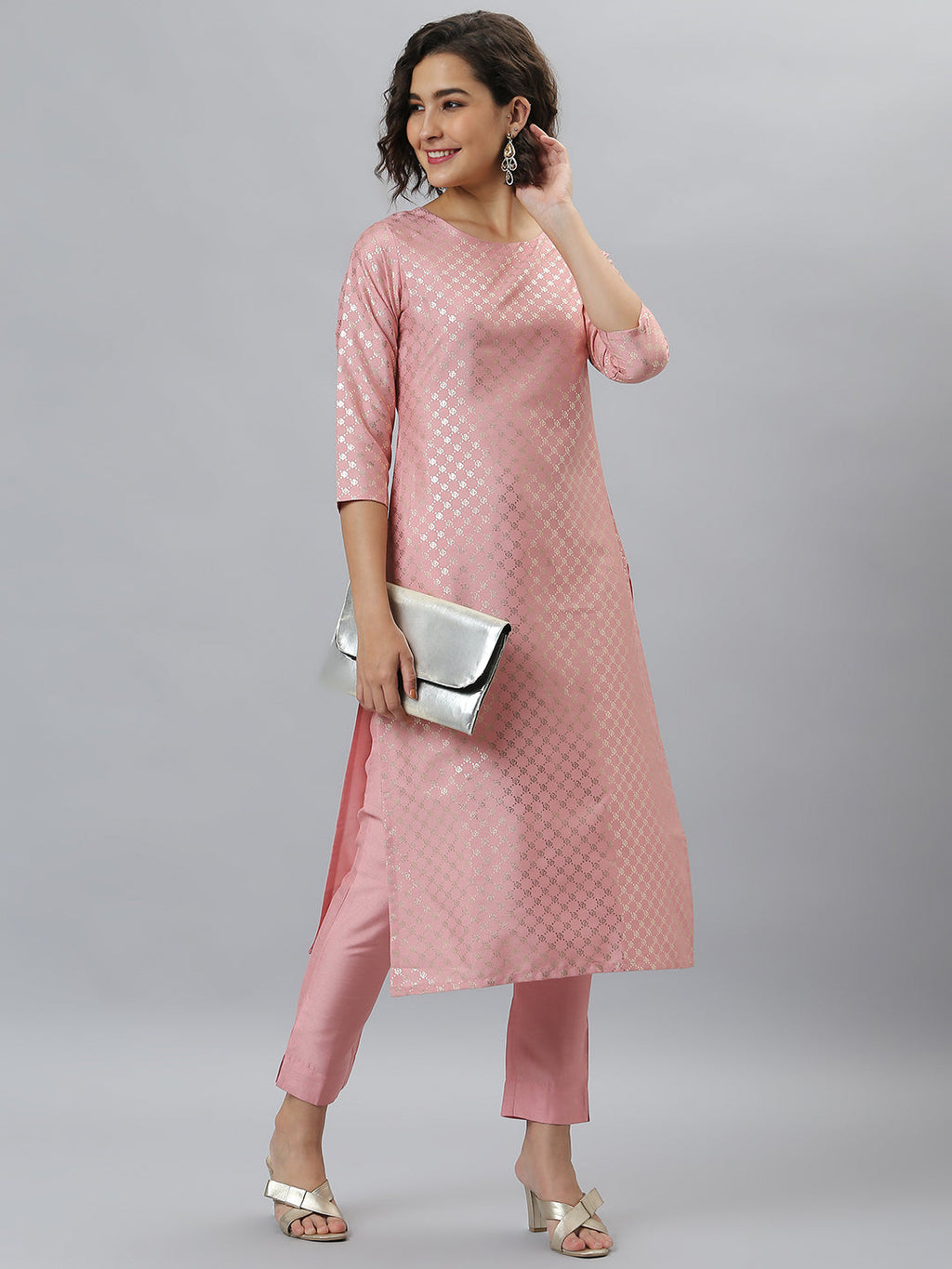 Janasya Women's Pink Poly Silk Floral Printed Straight Party Kurta Set