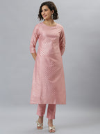 Janasya Women's Pink Poly Silk Floral Printed Straight Party Kurta Set