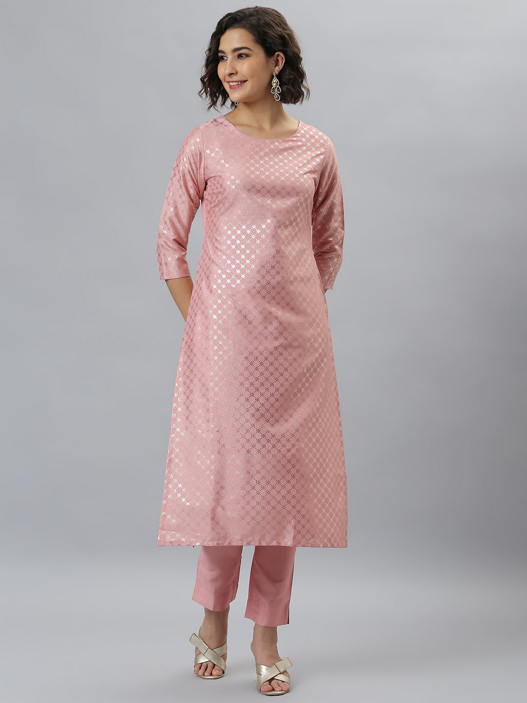 Janasya Women's Pink Poly Silk Floral Printed Straight Party Kurta Set