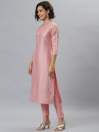 Janasya Women's Pink Poly Silk Floral Printed Straight Party Kurta Set