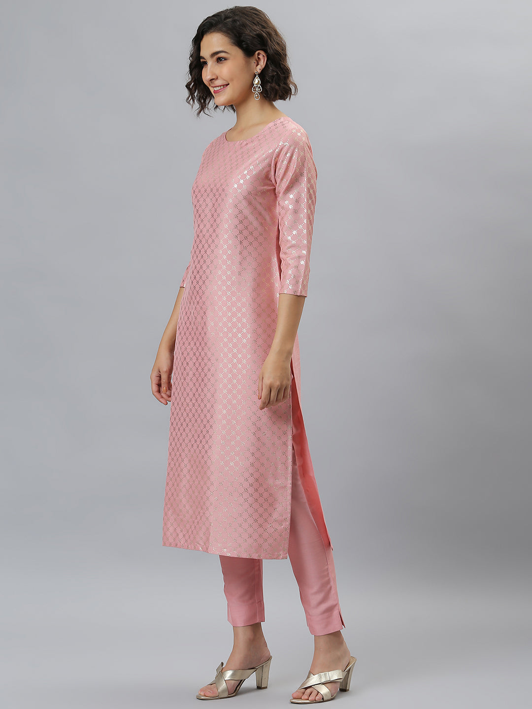 Janasya Women's Pink Poly Silk Floral Printed Straight Party Kurta Set