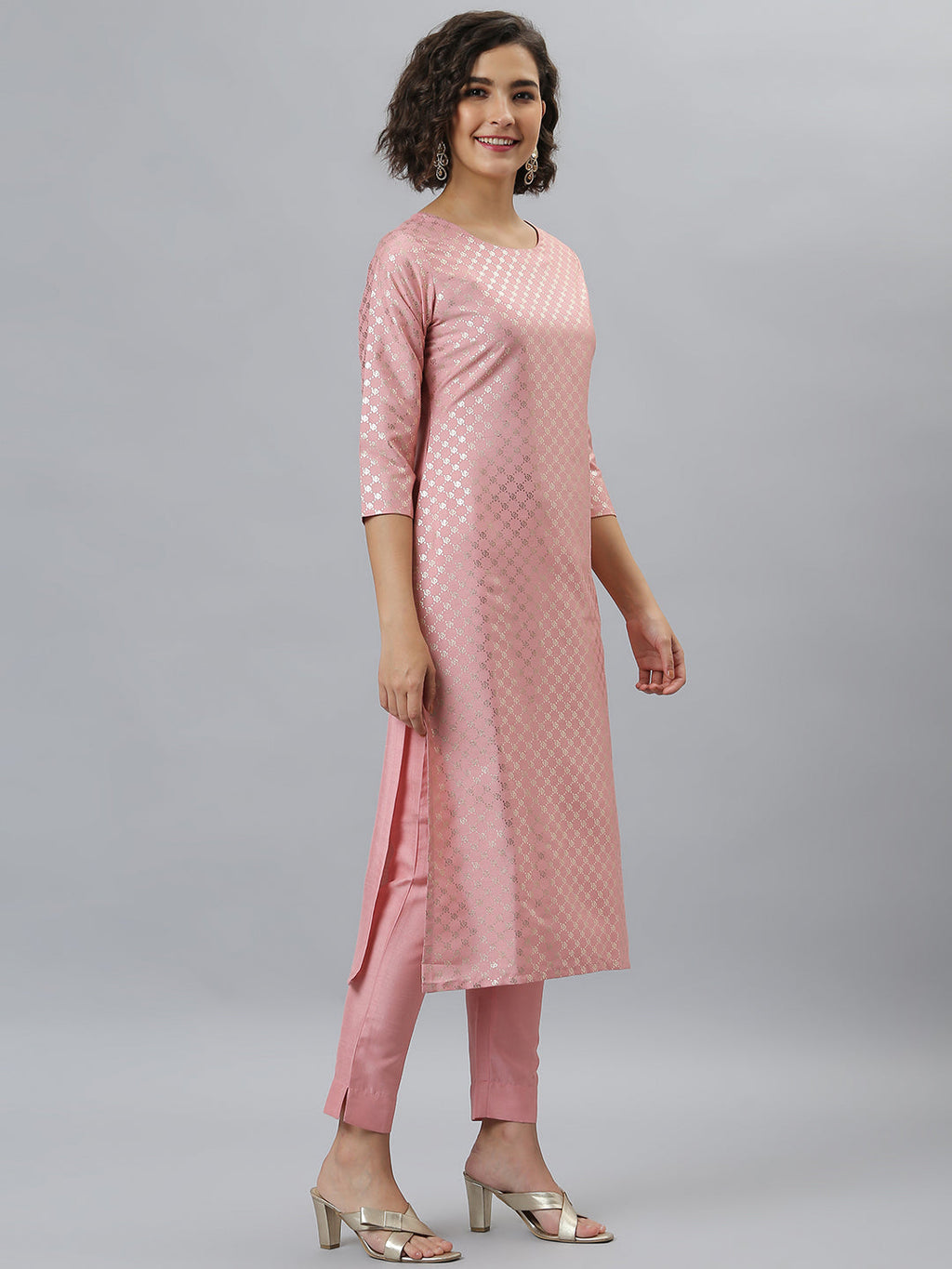 Janasya Women's Pink Poly Silk Floral Printed Straight Party Kurta Set