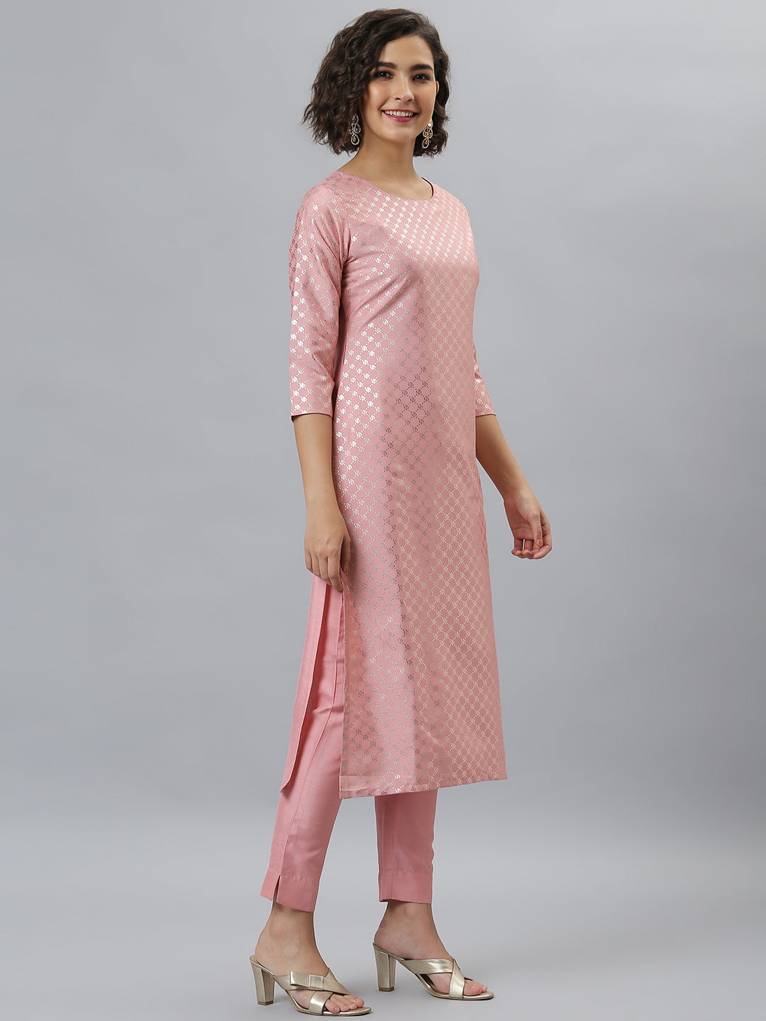 Janasya Women's Pink Poly Silk Floral Printed Straight Party Kurta Set