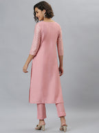 Janasya Women's Pink Poly Silk Floral Printed Straight Party Kurta Set