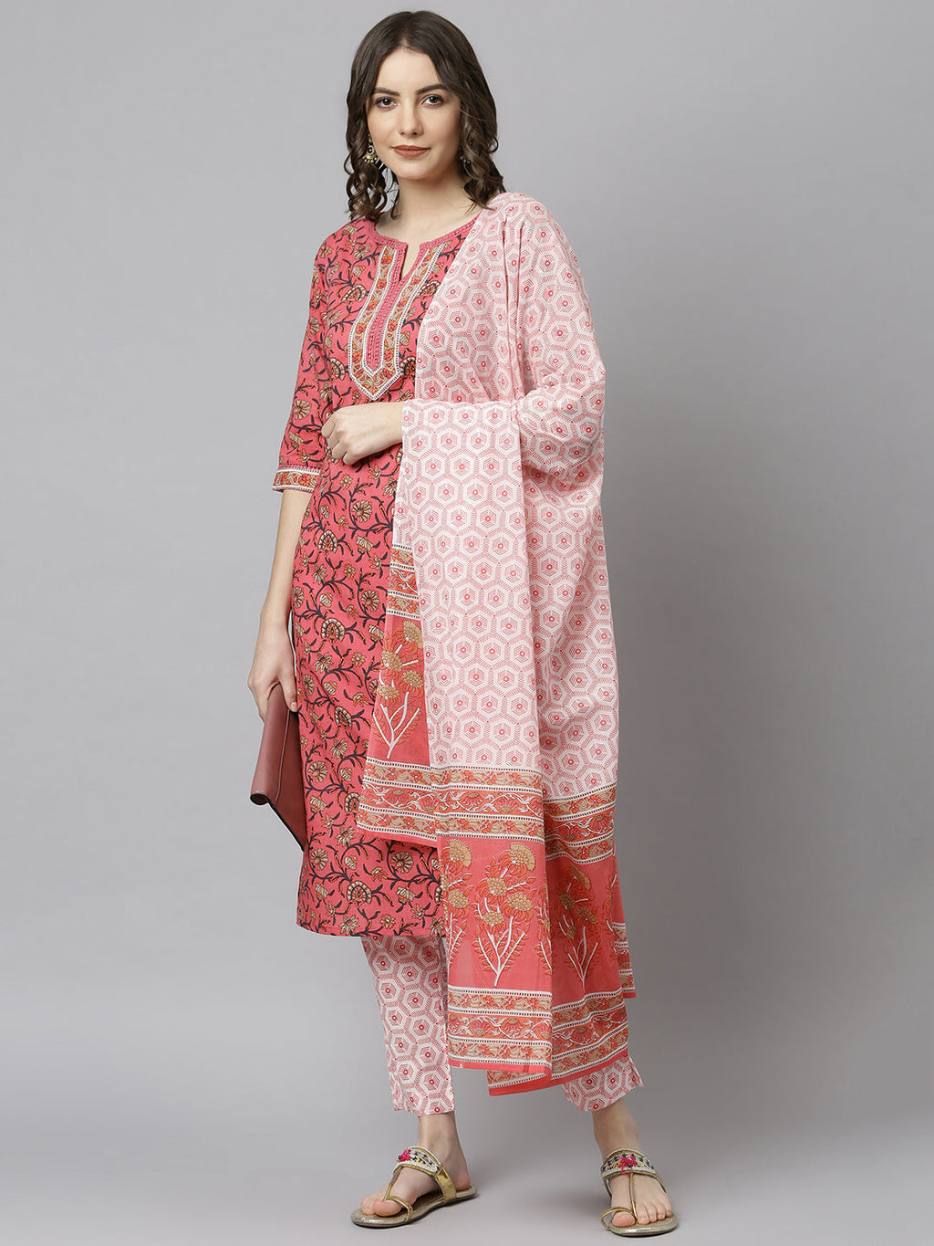 Janasya Women's Pink Cotton Floral Print Kurta With Pant And Dupatta - Distacart
