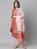 Janasya Women's Pink Cotton Floral Print Kurta With Pant And Dupatta - Distacart