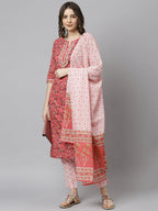 Janasya Women's Pink Cotton Floral Print Kurta With Pant And Dupatta - Distacart