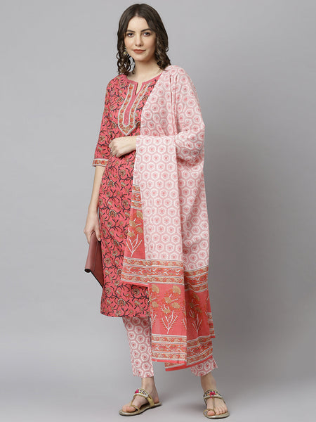 Janasya Women's Pink Cotton Floral Print Kurta With Pant And Dupatta
