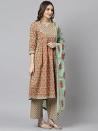 Janasya Women's Light Green Cotton Floral Print Kurta With Palazzo And Dupatta - Distacart