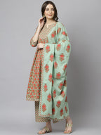 Janasya Women's Light Green Cotton Floral Print Kurta With Palazzo And Dupatta - Distacart