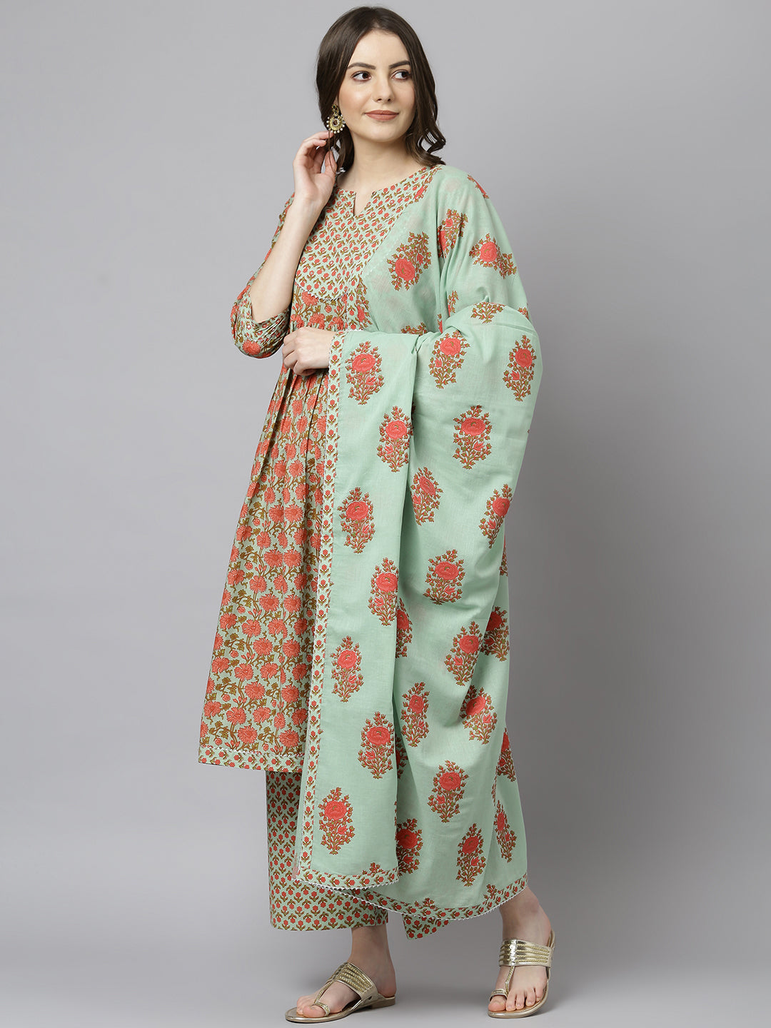 Janasya Women's Light Green Cotton Floral Print Kurta With Palazzo And Dupatta - Distacart