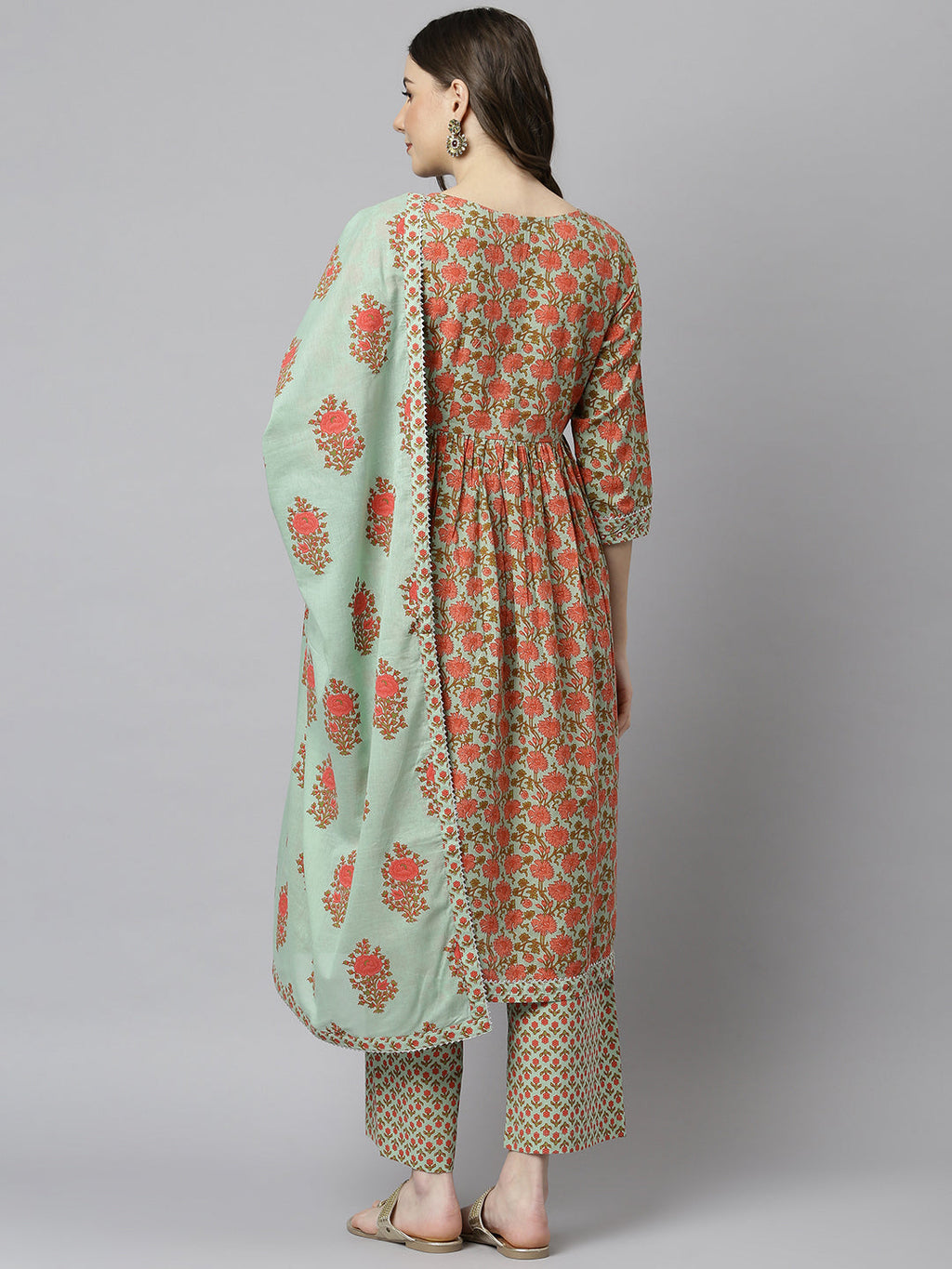 Janasya Women's Light Green Cotton Floral Print Kurta With Palazzo And Dupatta - Distacart