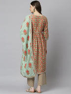Janasya Women's Light Green Cotton Floral Print Kurta With Palazzo And Dupatta - Distacart