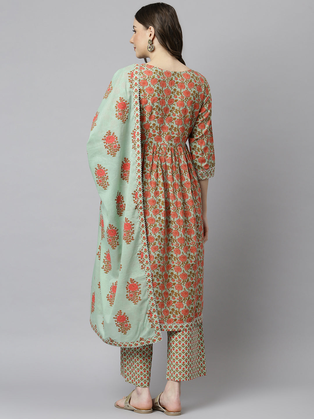 Janasya Women's Light Green Cotton Floral Print Kurta With Palazzo And Dupatta - Distacart