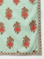 Janasya Women's Light Green Cotton Floral Print Kurta With Palazzo And Dupatta - Distacart