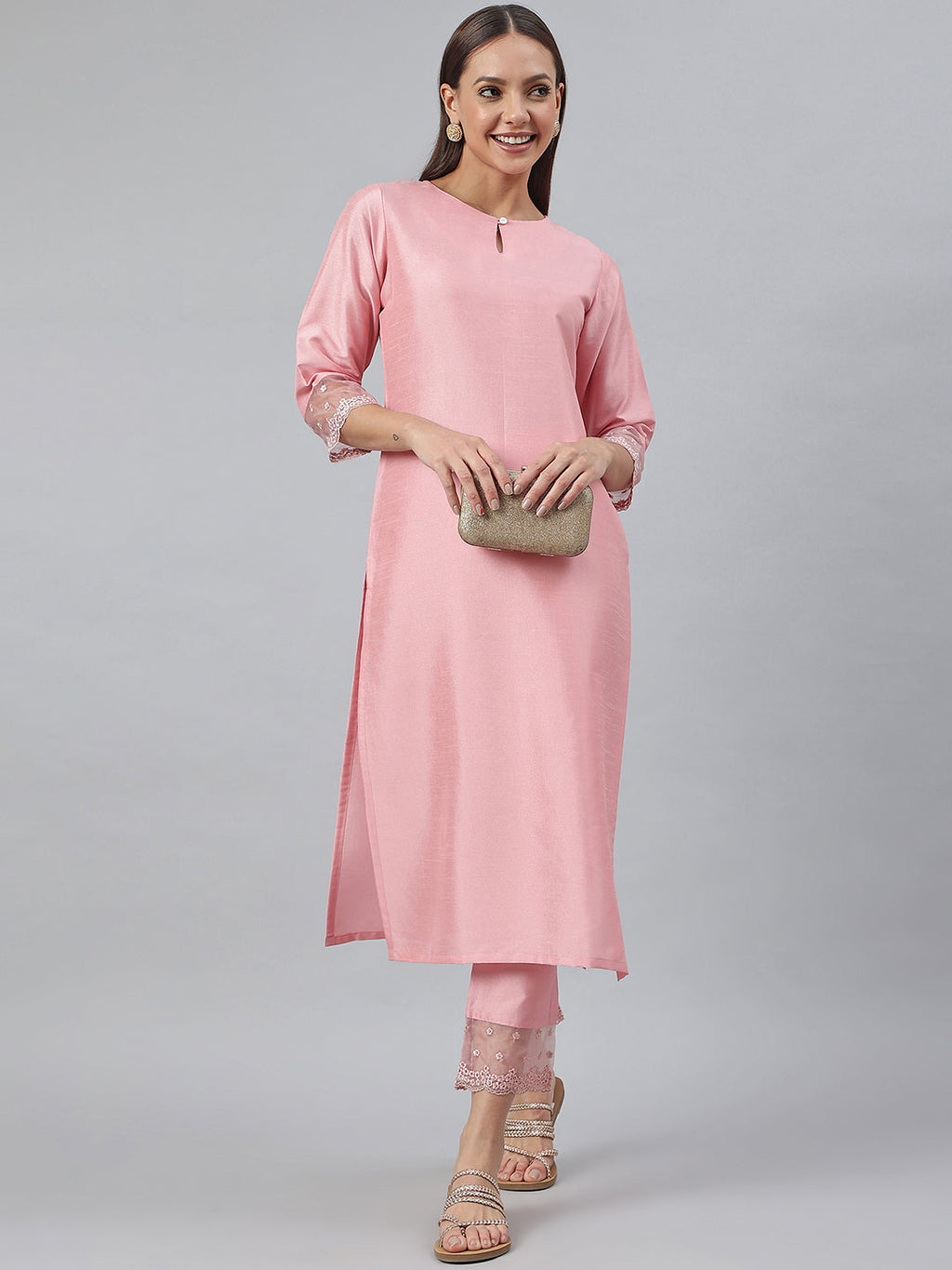 Janasya Pink Poly Silk Solid Set
